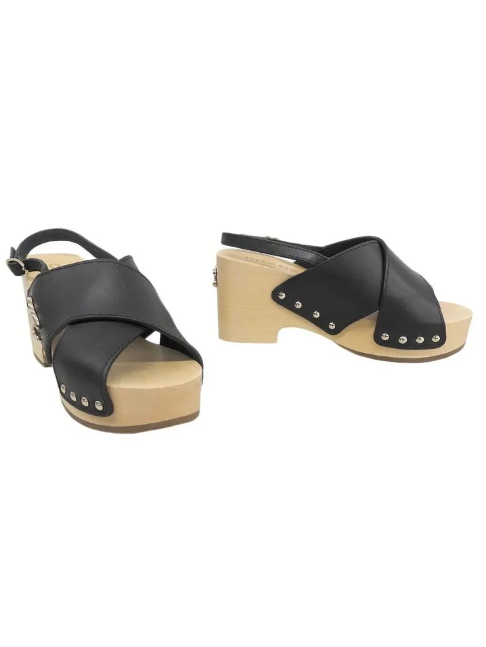 Chanel CC Logo Wood Wedge Sole Sandals 34 Black Almost Kids
